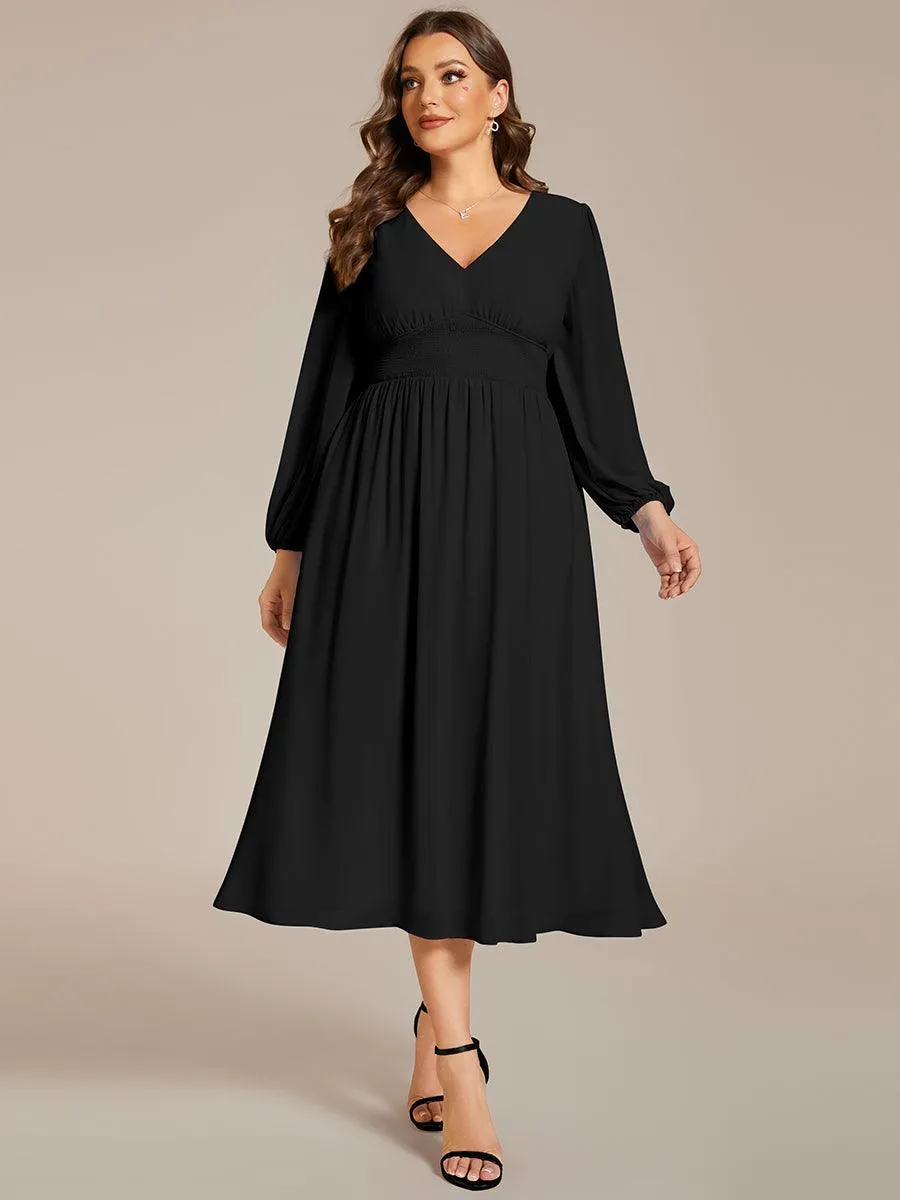 Robe invité mariage mi-longue élégante à col en V et manches longues
