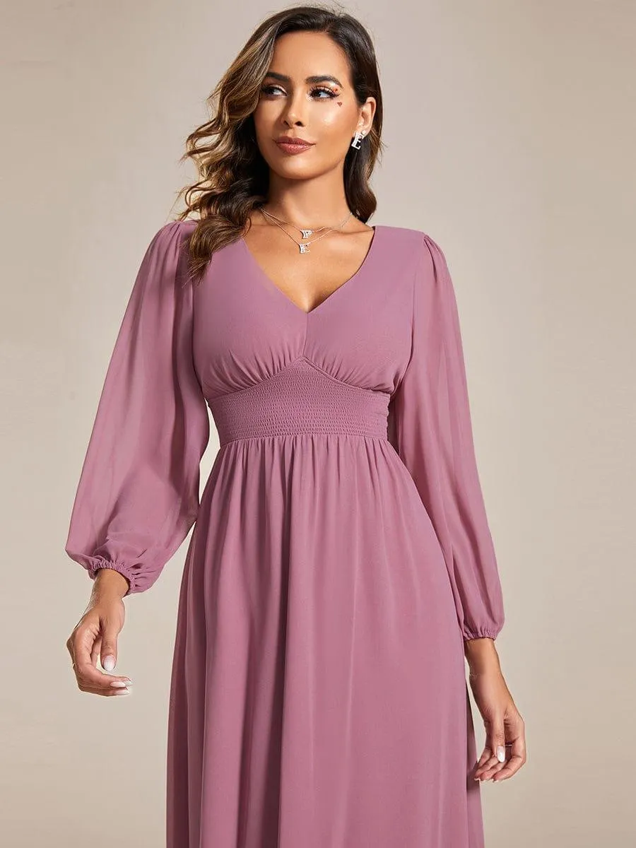 Robe invité mariage mi-longue élégante à col en V et manches longues