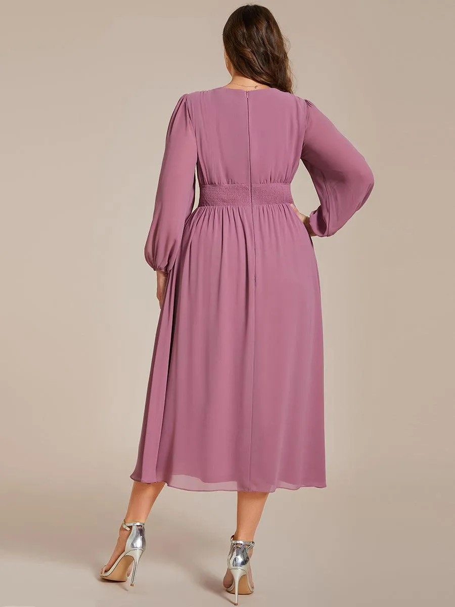 Robe invité mariage mi-longue élégante à col en V et manches longues