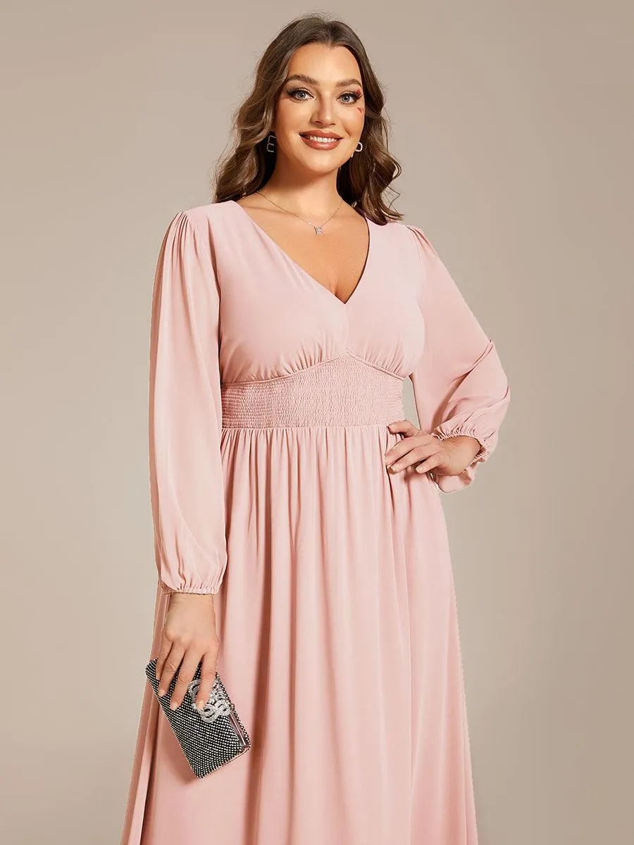 Robe invité mariage mi-longue élégante à col en V et manches longues