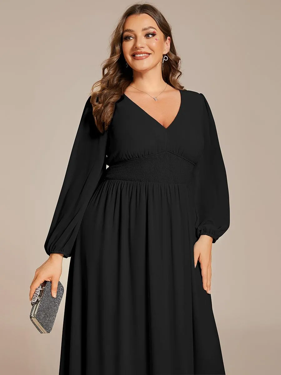 Robe invité mariage mi-longue élégante à col en V et manches longues