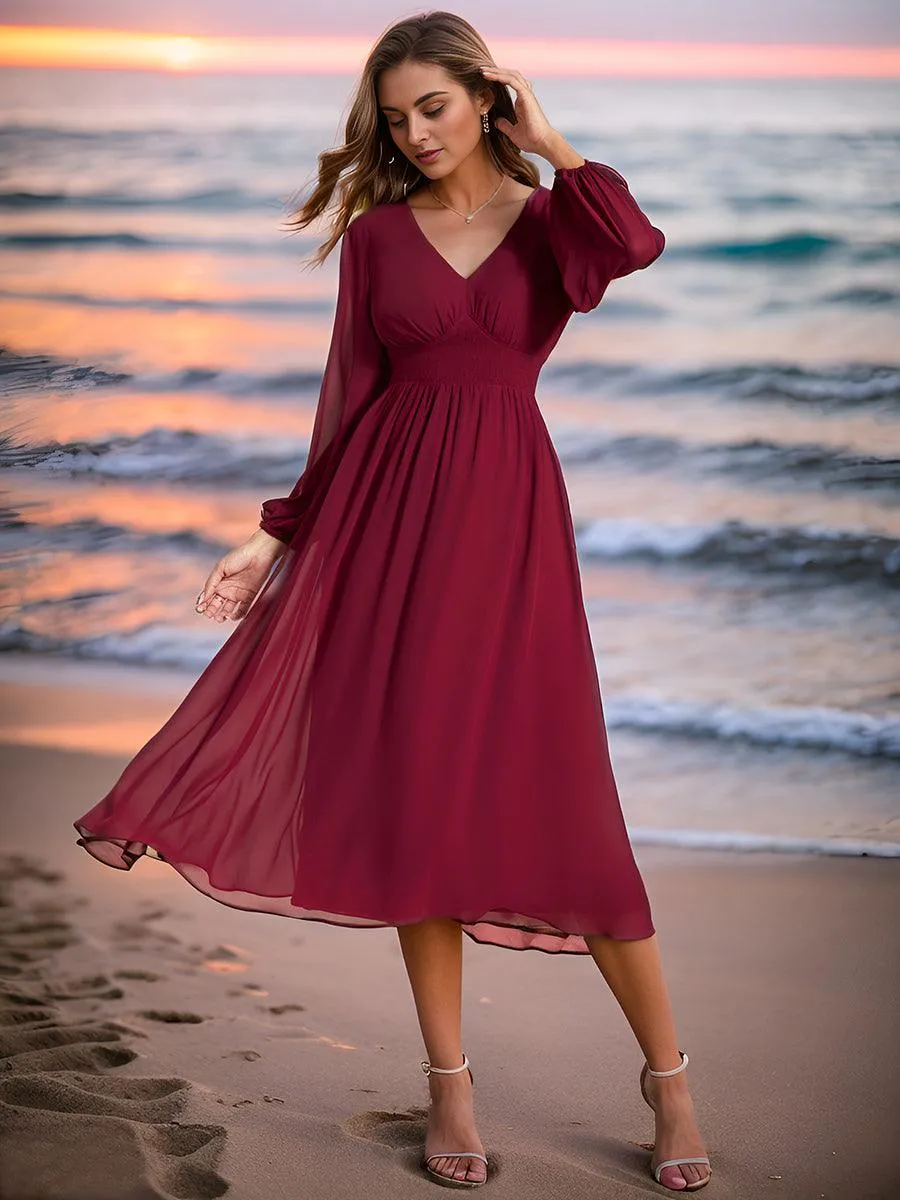 Robe invité mariage mi-longue élégante à col en V et manches longues