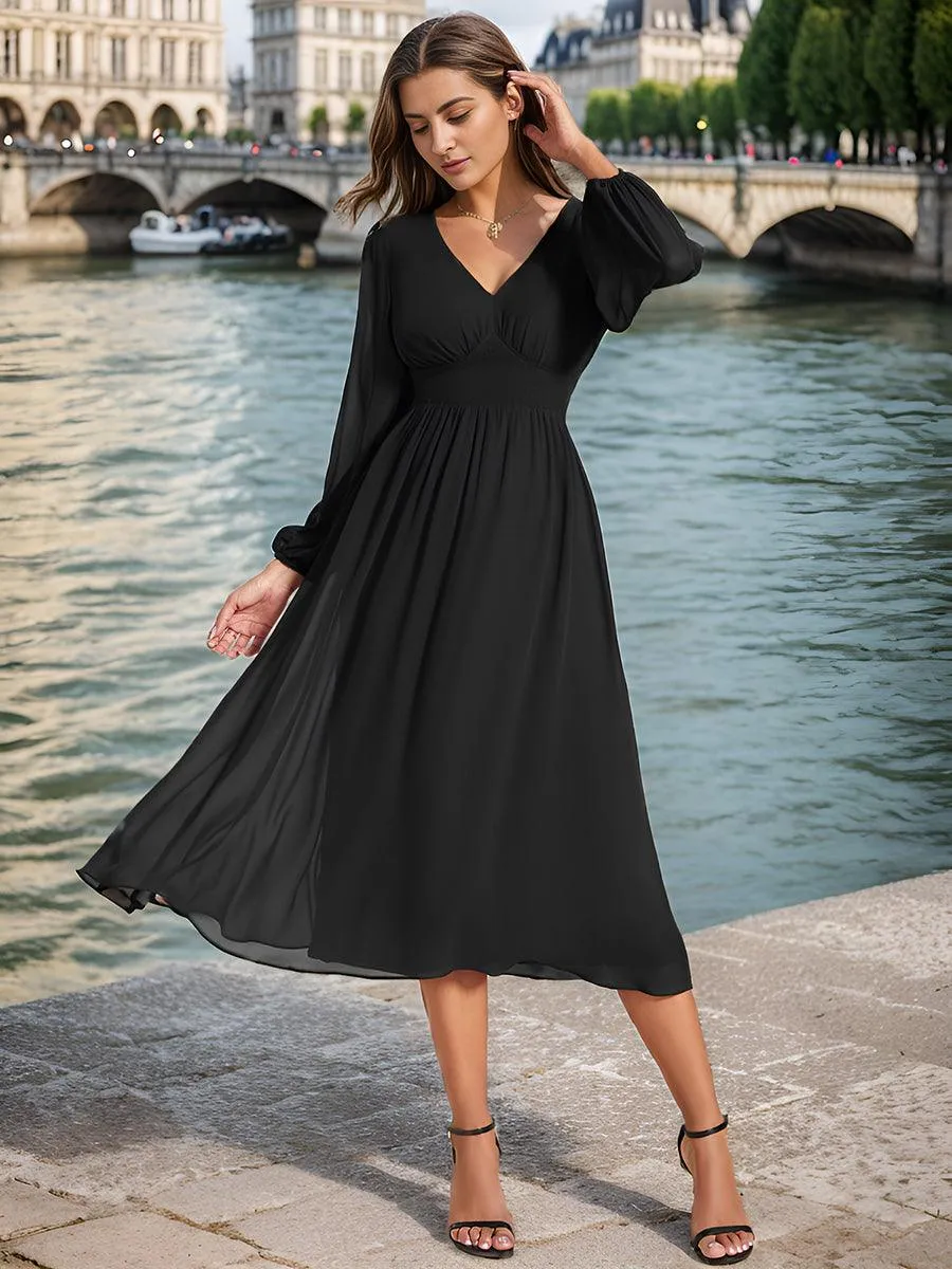 Robe invité mariage mi-longue élégante à col en V et manches longues