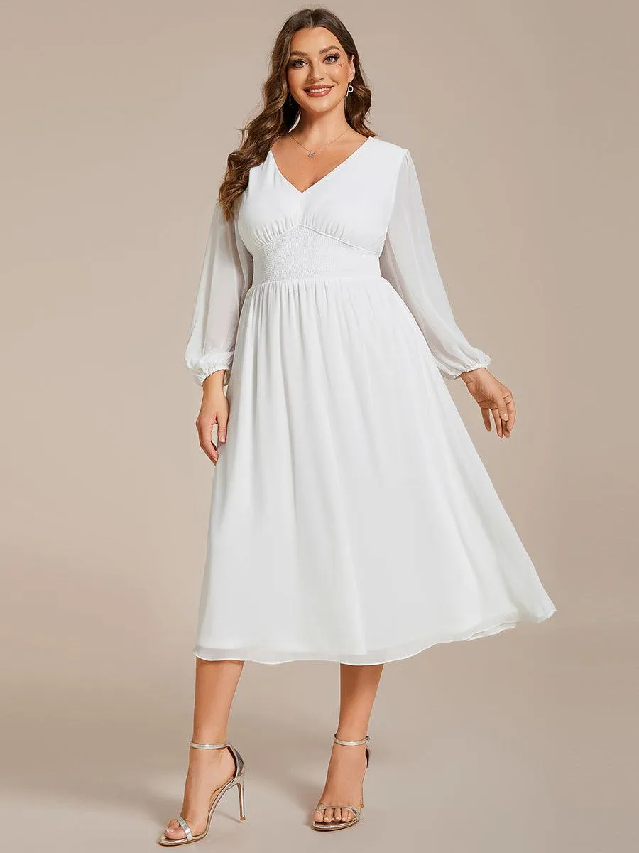 Robe invité mariage mi-longue élégante à col en V et manches longues