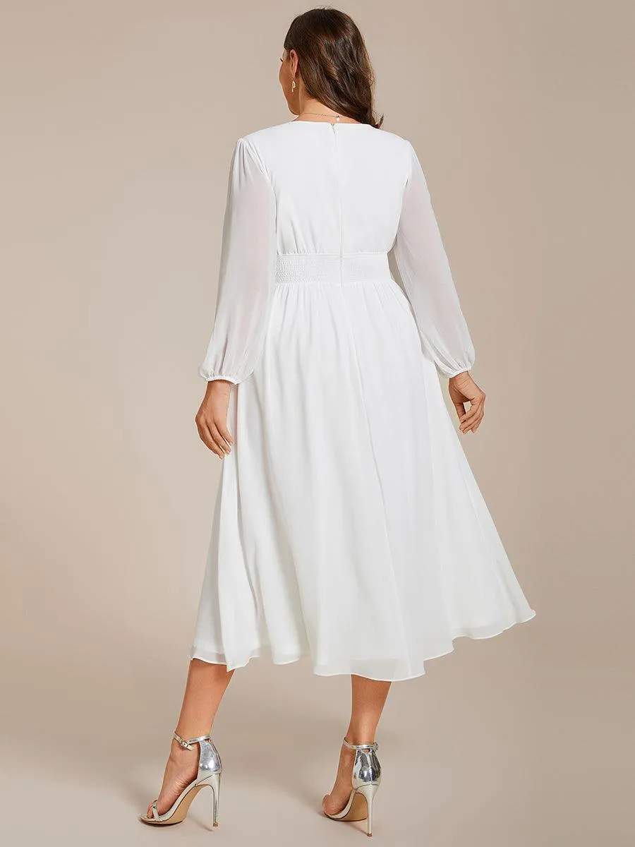 Robe invité mariage mi-longue élégante à col en V et manches longues