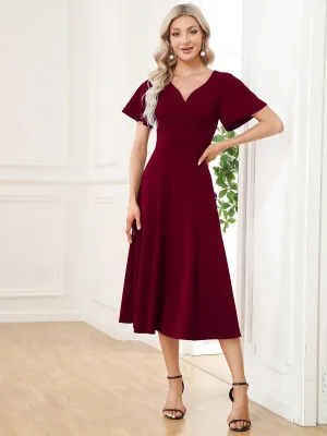 Robe Mère de la Mariée mi-longue à encolure en V et manches courtes(Vente finale)
