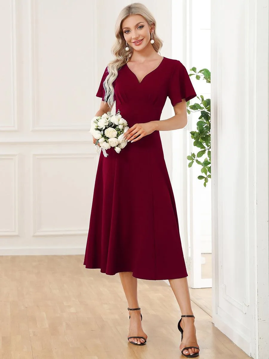Robe Mère de la Mariée mi-longue à encolure en V et manches courtes(Vente finale)