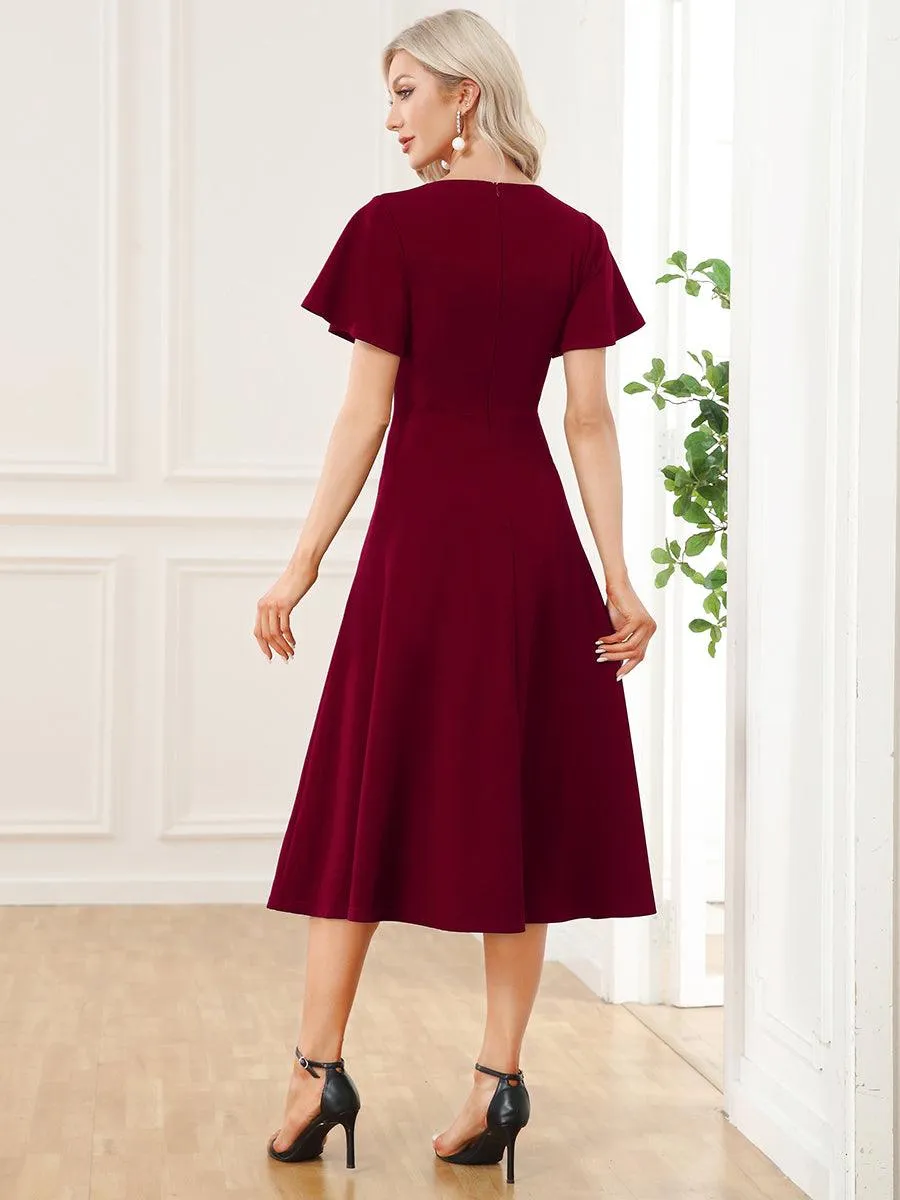 Robe Mère de la Mariée mi-longue à encolure en V et manches courtes(Vente finale)