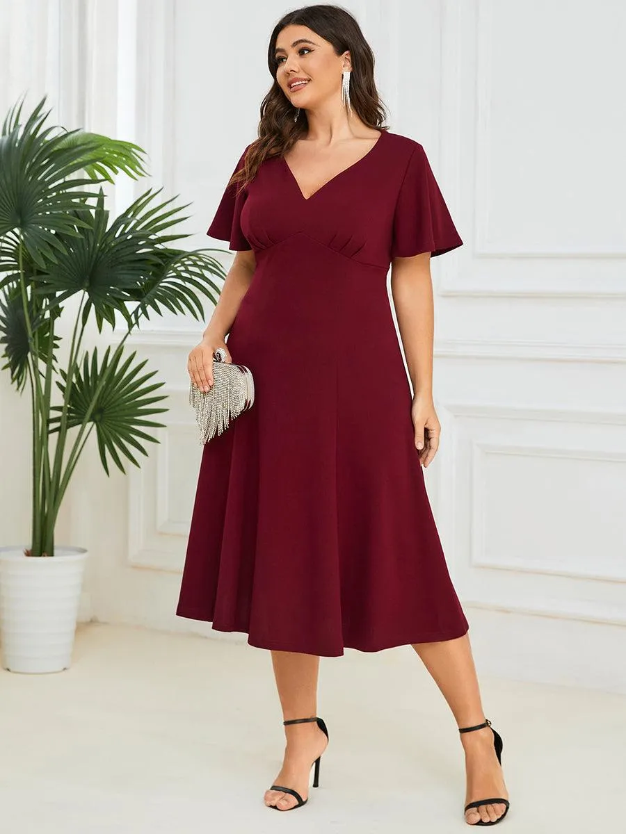 Robe Mère de la Mariée mi-longue à encolure en V et manches courtes(Vente finale)