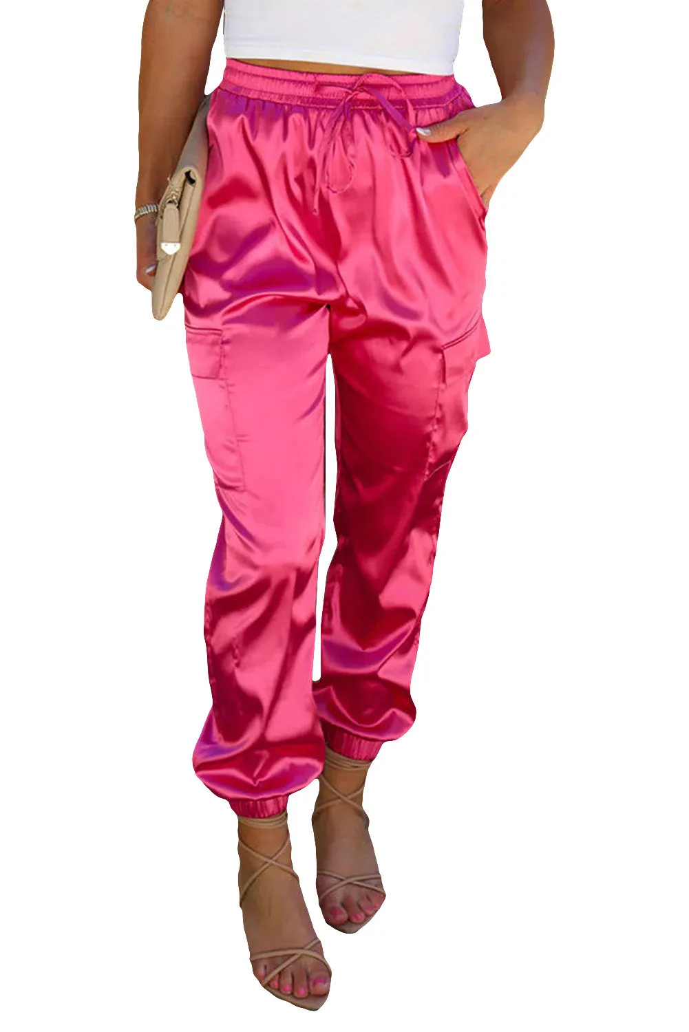 Rose Something Great Satin Pocketed Elastic Waist Cargo Pants