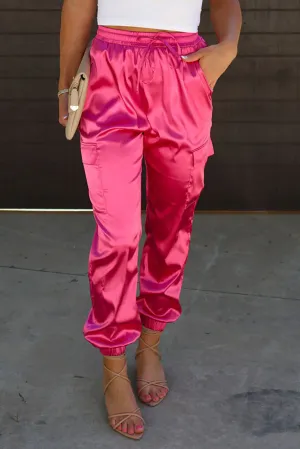 Rose Something Great Satin Pocketed Elastic Waist Cargo Pants