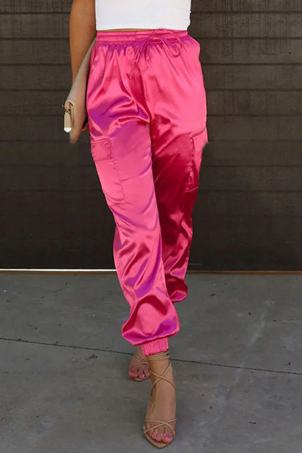 Rose Something Great Satin Pocketed Elastic Waist Cargo Pants