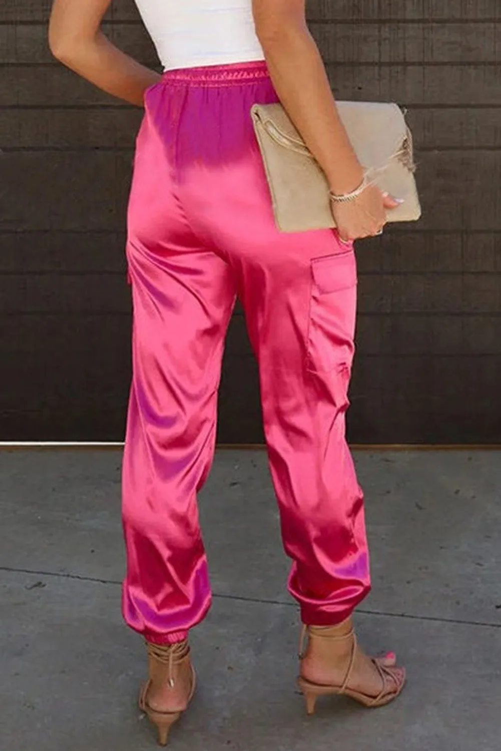 Rose Something Great Satin Pocketed Elastic Waist Cargo Pants
