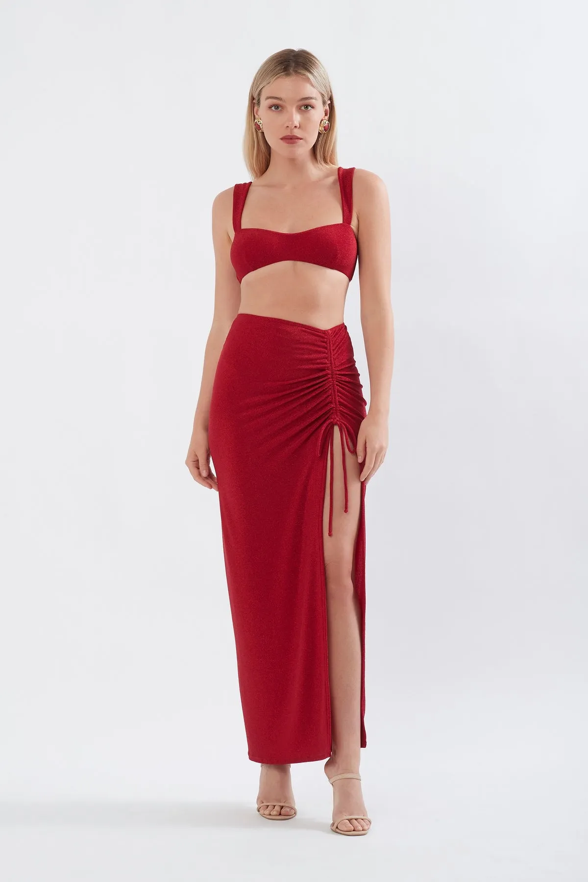 RUCHED MAXI SKIRT RED SHIMMER