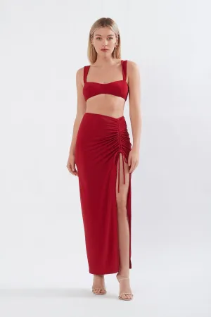 RUCHED MAXI SKIRT RED SHIMMER