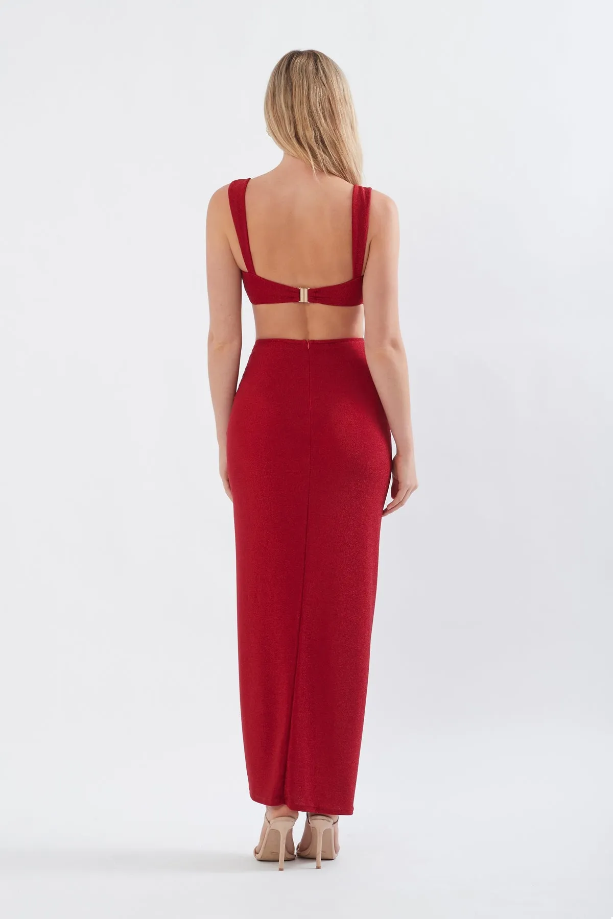 RUCHED MAXI SKIRT RED SHIMMER