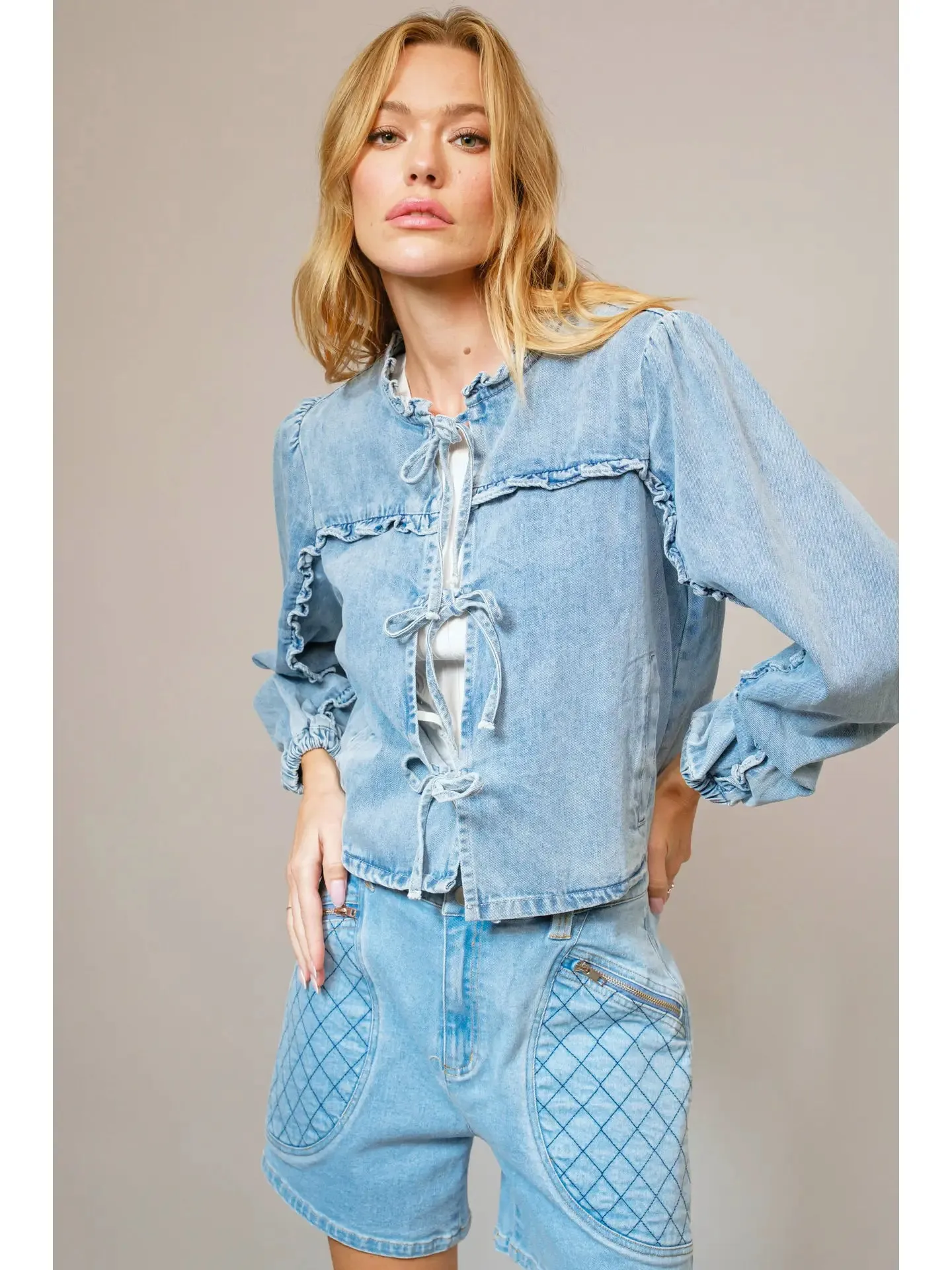 Ruffle Yoke Sleeve Tie Front Denim Jacket
