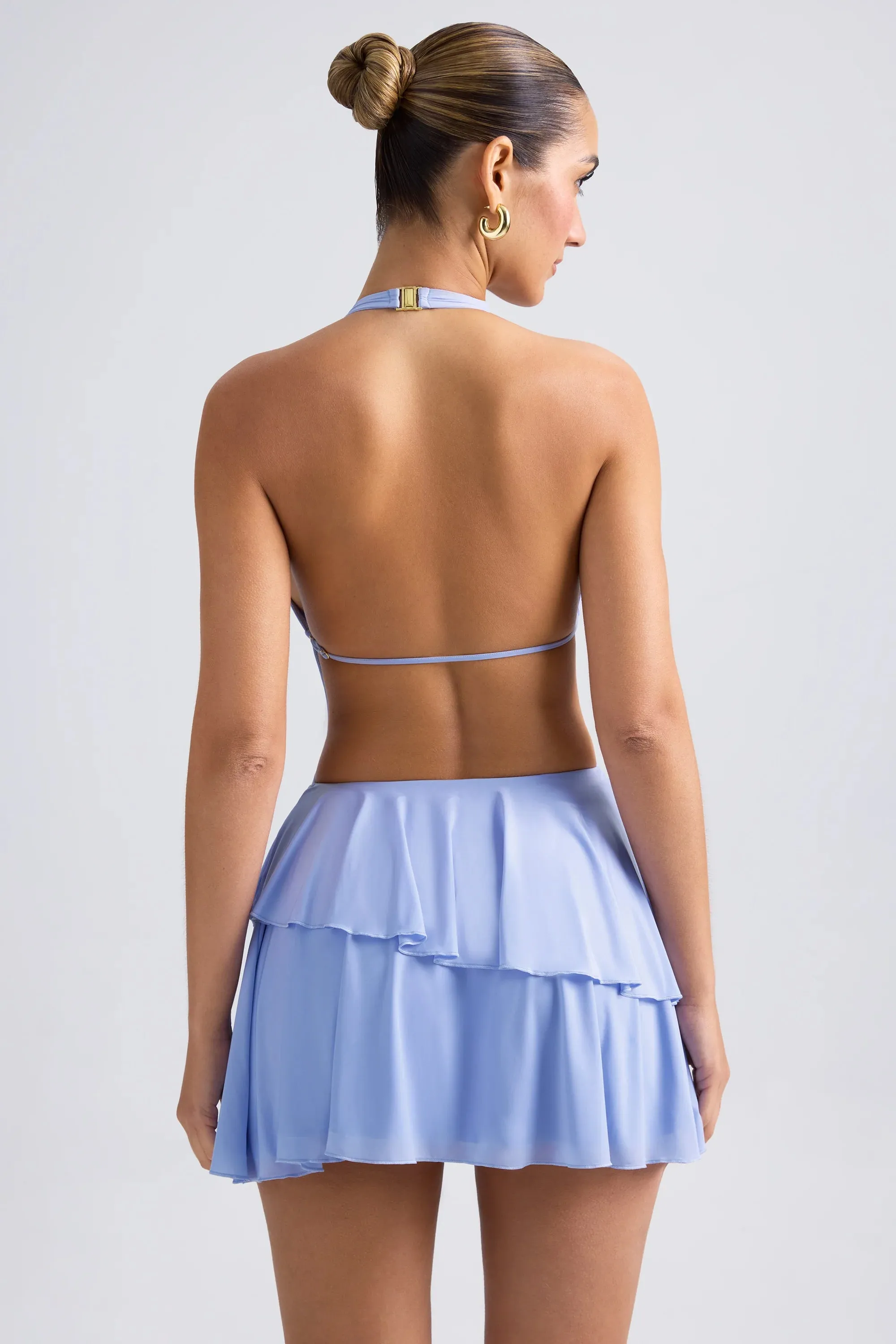 Ruffled Cut-Out Halterneck Mini Dress in Periwinkle Blue