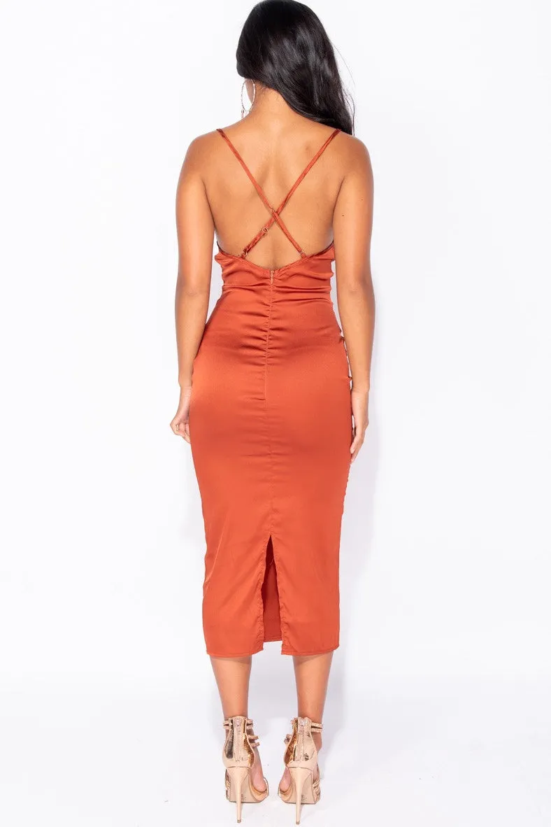 Rust Satin Cowl Neck Slip Cross Back Midi Dress