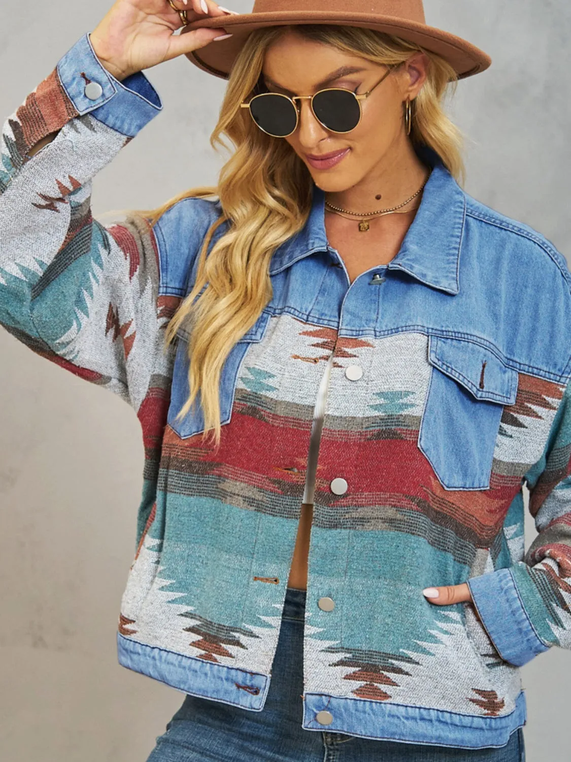 Ryder Geometric Button Up Dropped Shoulder Denim Jacket