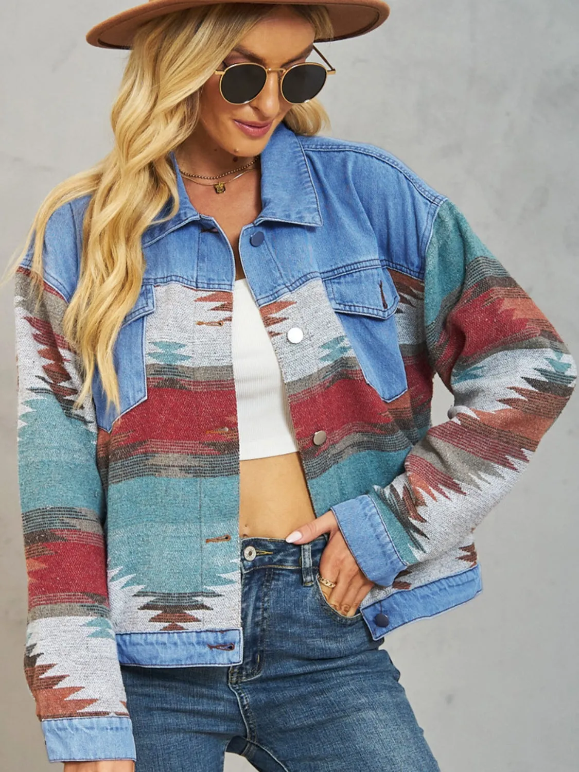 Ryder Geometric Button Up Dropped Shoulder Denim Jacket