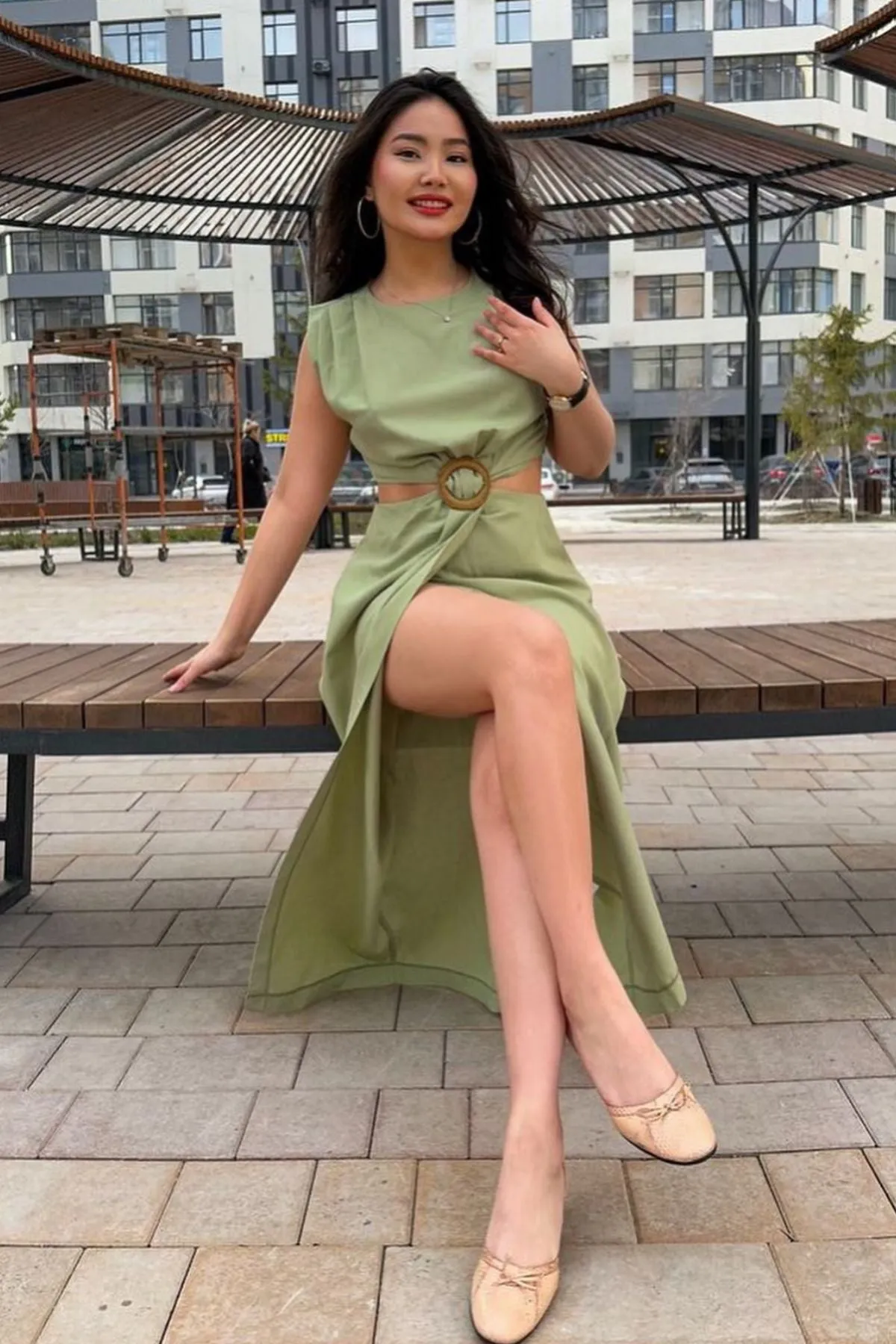 SAMARA Linen Buckled Cut-Out Midi Dress (Sage Green)