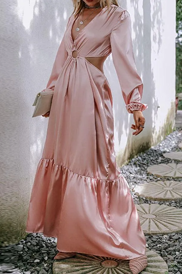 Satin V-neck Cut Out Maxi Dress