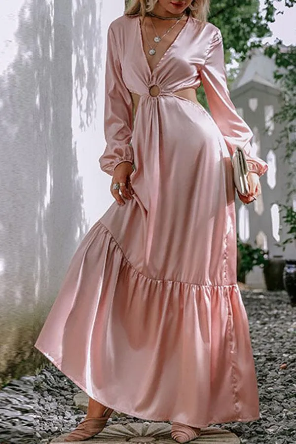 Satin V-neck Cut Out Maxi Dress