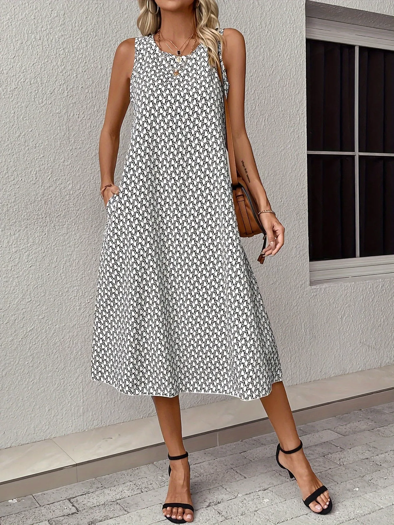 Schwarzes Allover Print Midi-Kleid - Lina
