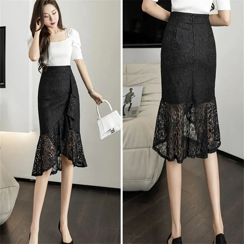 Seoulish 2024 New Lace Irregular Women's Wrap Mermaid Skirts High Waist Elegant Sheath Pencil Office Fishtail Skirts Female
