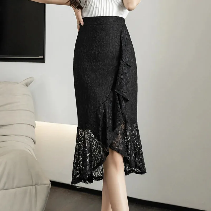 Seoulish 2024 New Lace Irregular Women's Wrap Mermaid Skirts High Waist Elegant Sheath Pencil Office Fishtail Skirts Female