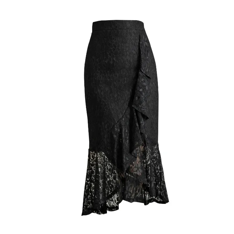 Seoulish 2024 New Lace Irregular Women's Wrap Mermaid Skirts High Waist Elegant Sheath Pencil Office Fishtail Skirts Female