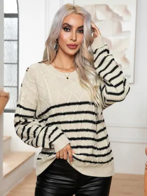 Sera Striped Round Neck Cable-Knit Sweater