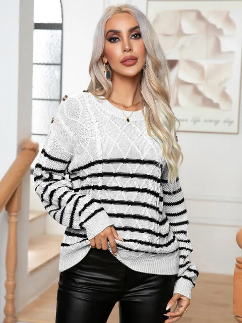 Sera Striped Round Neck Cable-Knit Sweater