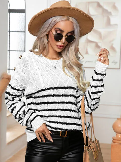 Sera Striped Round Neck Cable-Knit Sweater
