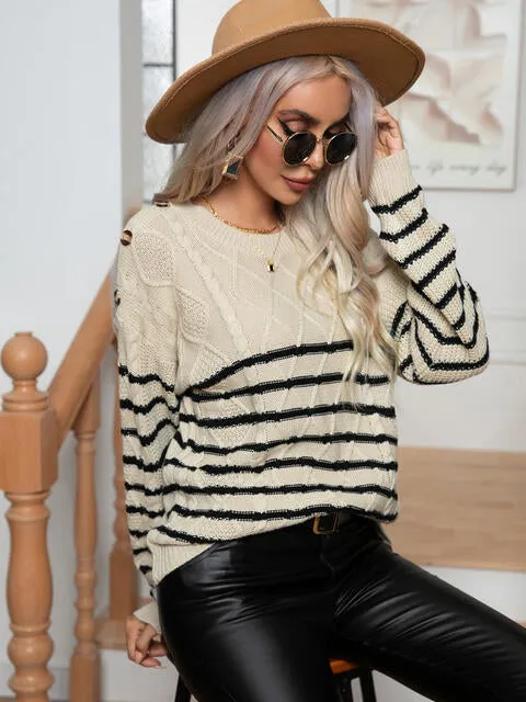 Sera Striped Round Neck Cable-Knit Sweater