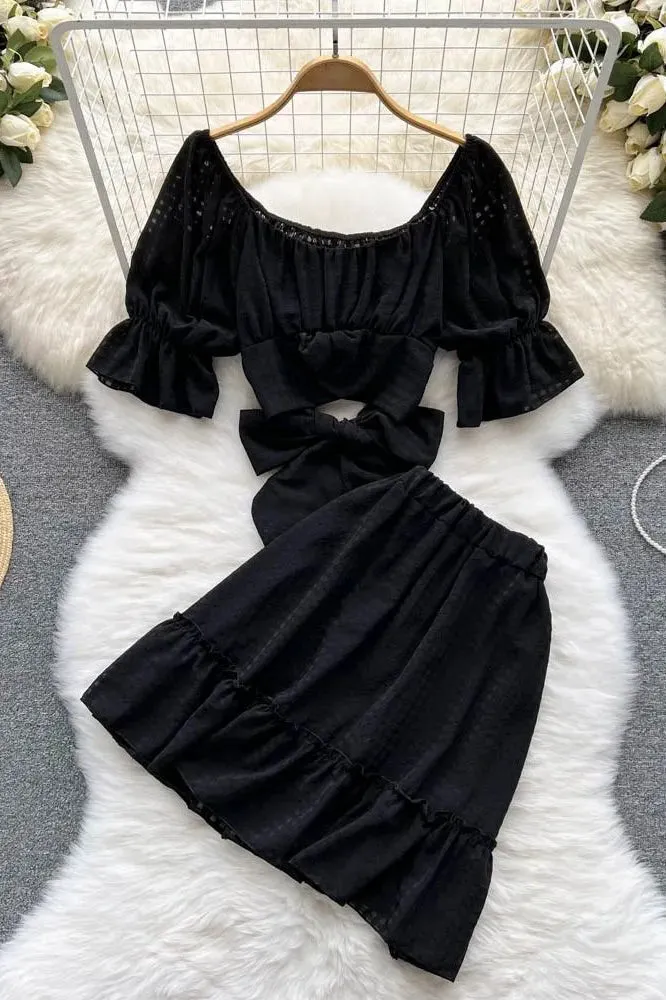 Set Bow Bandage Crop Tops   Elastic High Waist A-line Mini Skirts Two Piece Suis