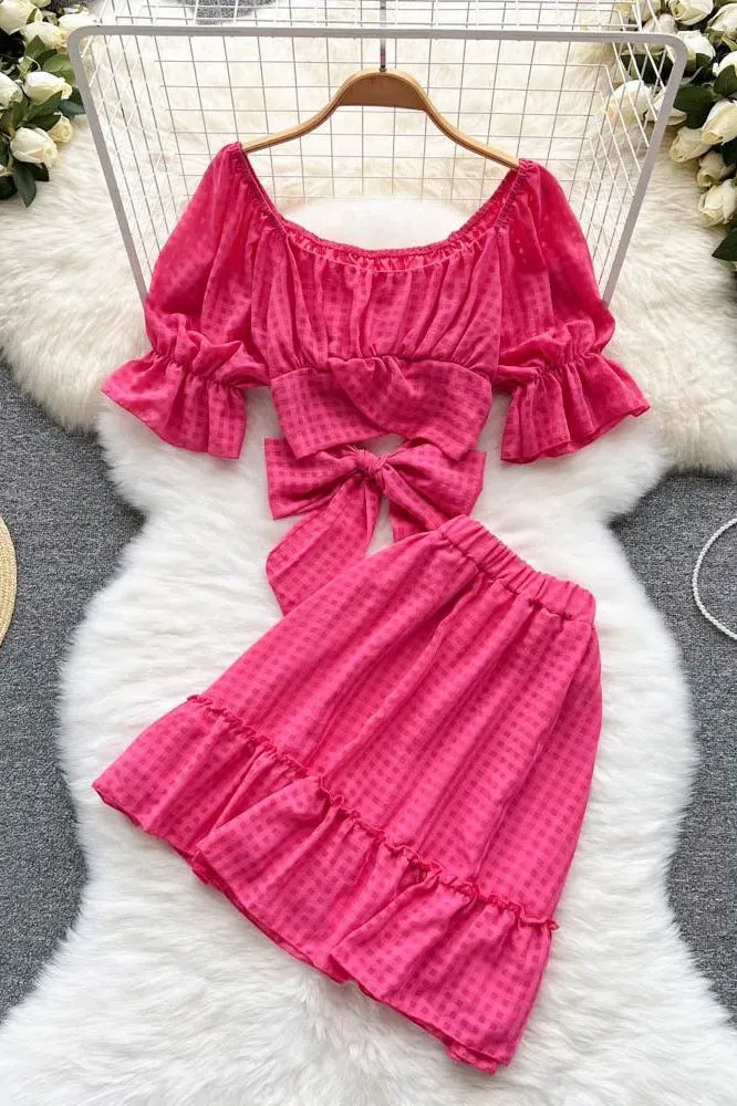 Set Bow Bandage Crop Tops   Elastic High Waist A-line Mini Skirts Two Piece Suis