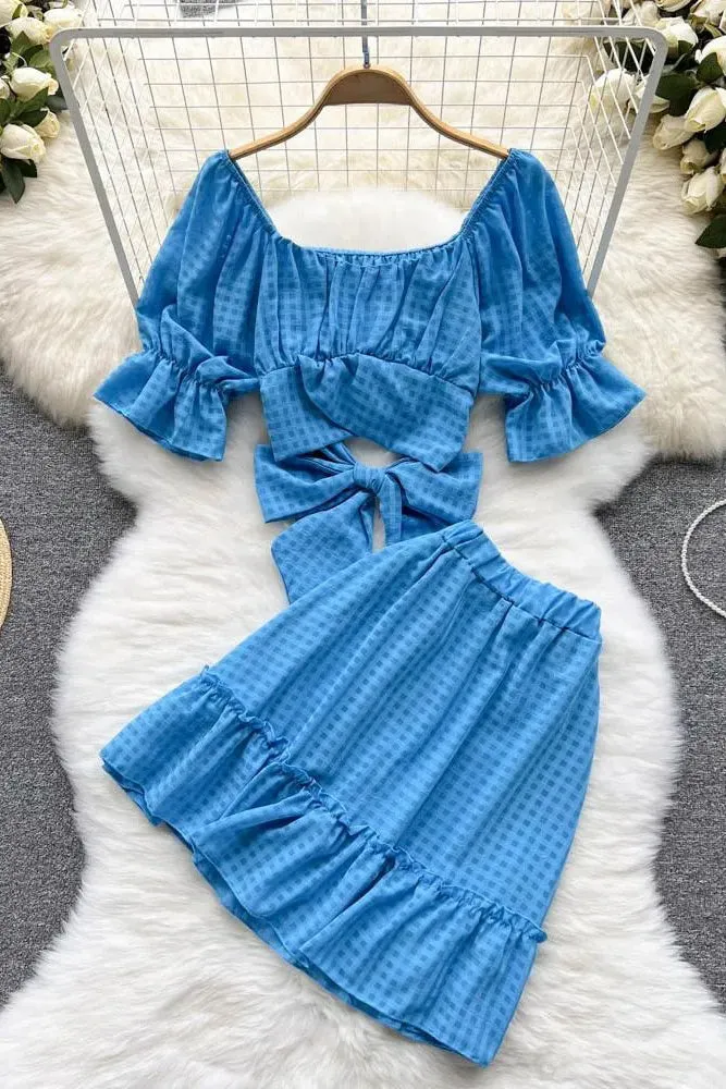 Set Bow Bandage Crop Tops   Elastic High Waist A-line Mini Skirts Two Piece Suis