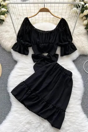 Set Bow Bandage Crop Tops   Elastic High Waist A-line Mini Skirts Two Piece Suis