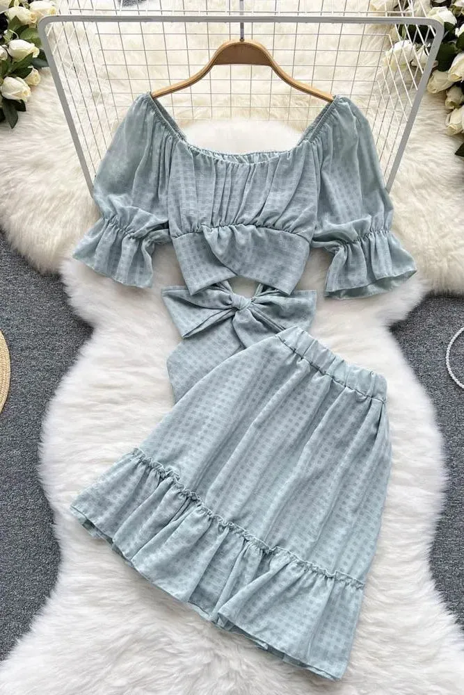 Set Bow Bandage Crop Tops   Elastic High Waist A-line Mini Skirts Two Piece Suis