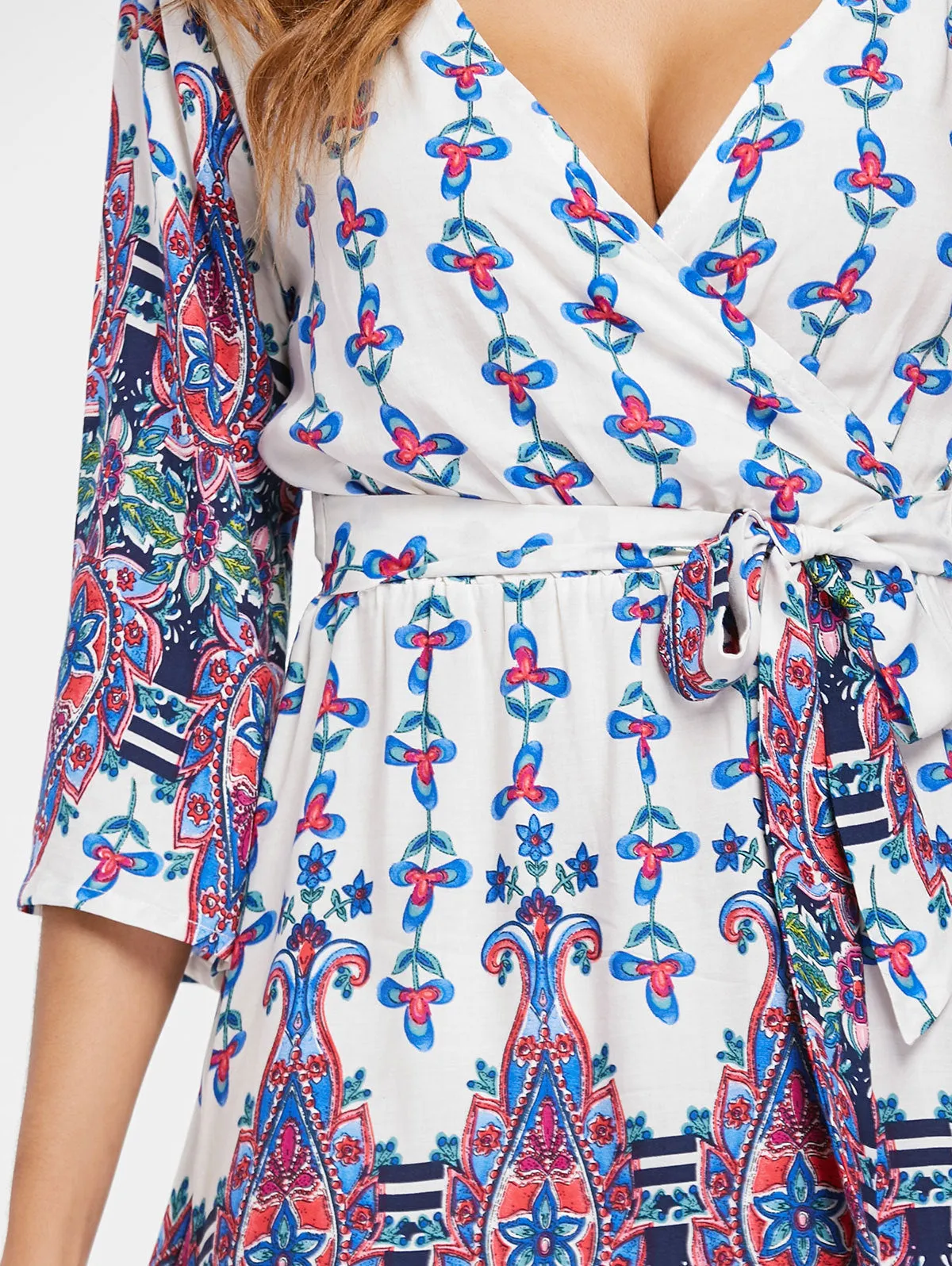 Sexy Deep V Cropped Sleeve Printed Lace Up Dress