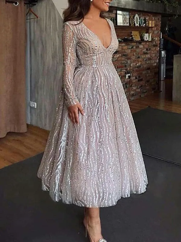 Sexy Deep V Long Sleeve Perspective Dress