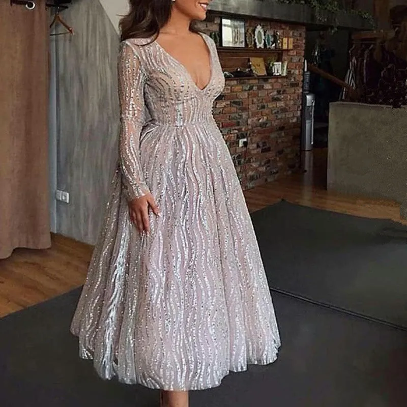 Sexy Deep V Long Sleeve Perspective Dress