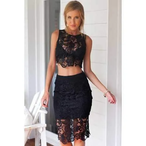 Sexy Style Jewel Neck Openwork Lace Sleeveless Tank Top   Solid Color Skirt For Women - Black Xl