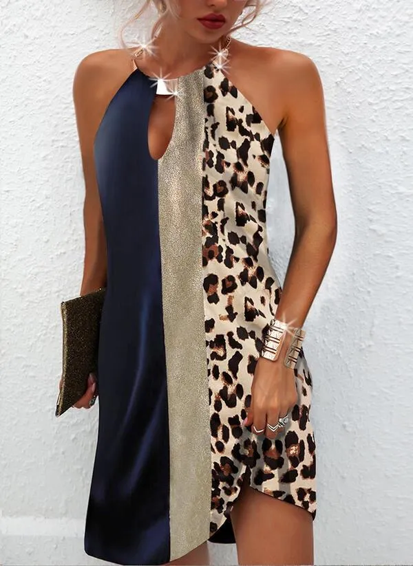 Sexy Women Leopard Backless Halter Mini Dresses