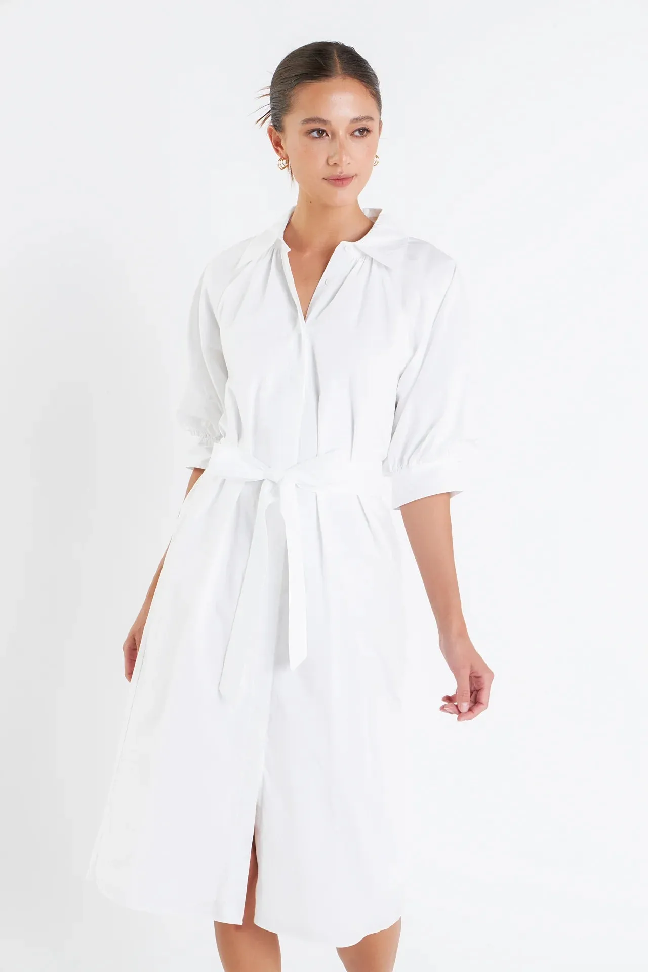 Shirringed Short Sleeves Shirt Dress in White