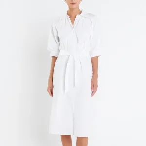 Shirringed Short Sleeves Shirt Dress in White