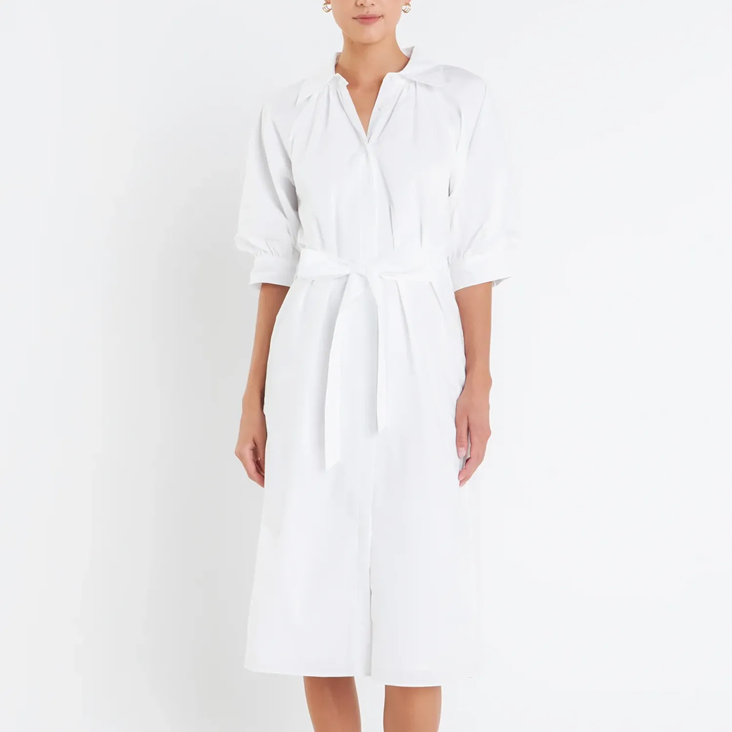 Shirringed Short Sleeves Shirt Dress in White