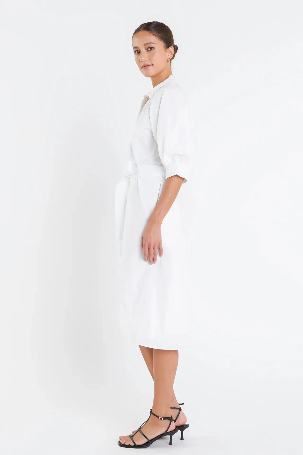 Shirringed Short Sleeves Shirt Dress in White